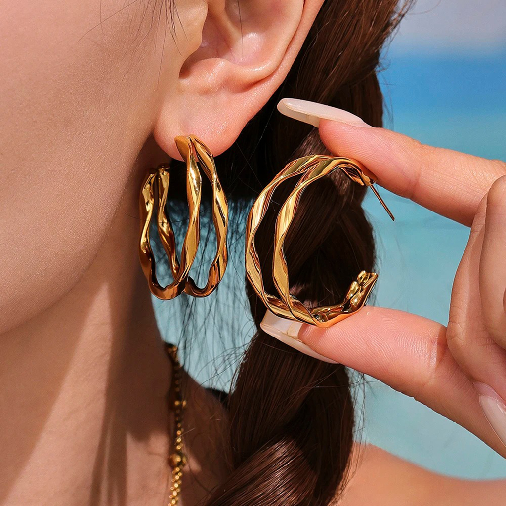 Double Layer C Shape Earrings |Gold Plated - Image 4