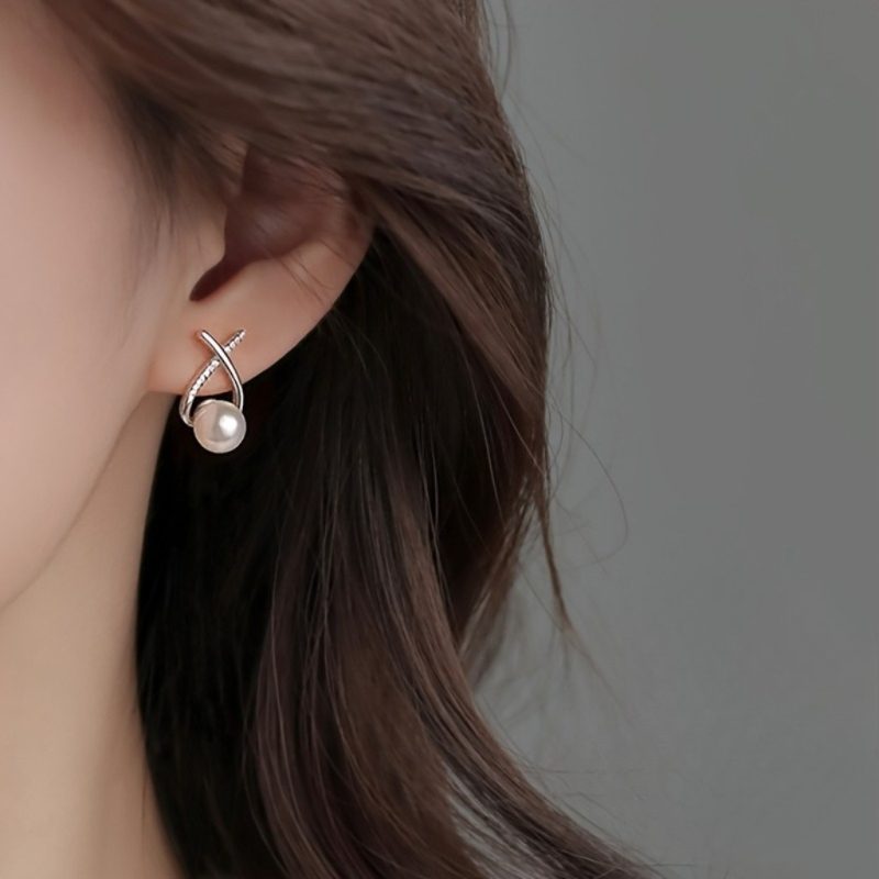 Cross-shaped Zircon Pearl Earrings |Silvery