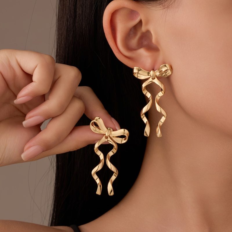 Elegant Long Drop bow Knot Earrings |Golden