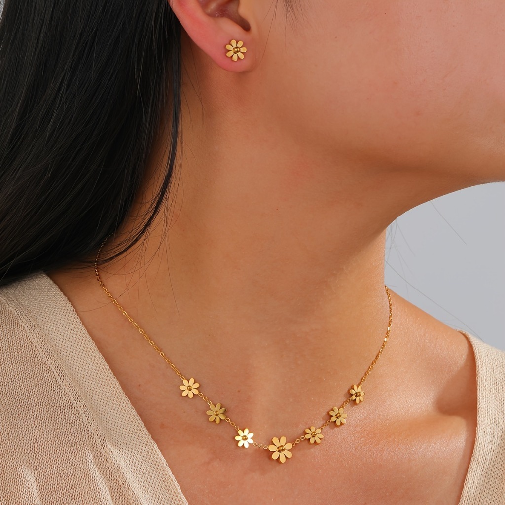 Boho Floral Necklace with Earrings |Golden - Image 7