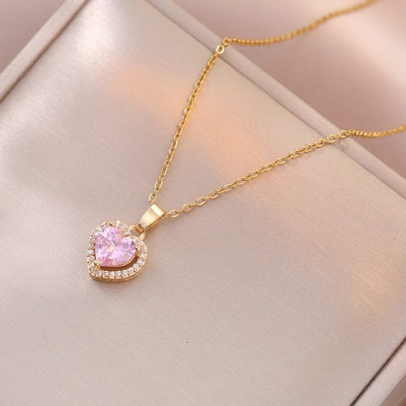 Pink Heart Zircon Necklace |Golden Color