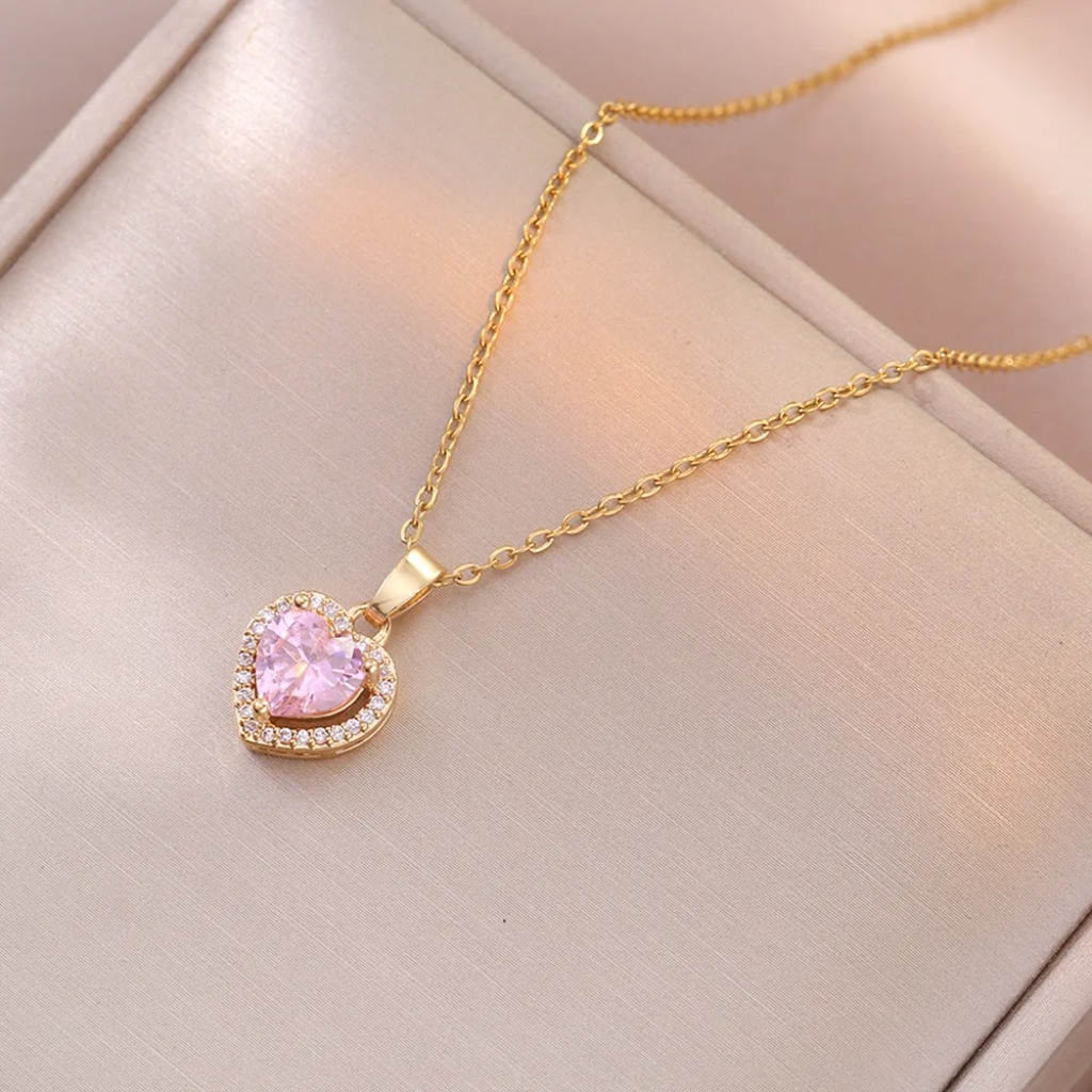 Pink Heart Zircon Necklace |Golden Color