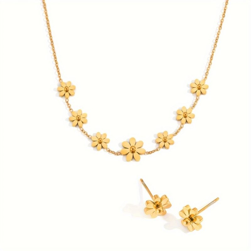 Boho Floral Necklace with Earrings |Golden