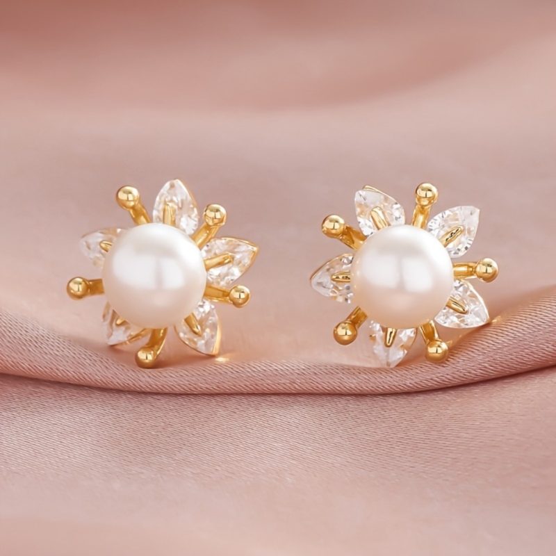 Stylish Pearl Flower Earrings |Gold Plated