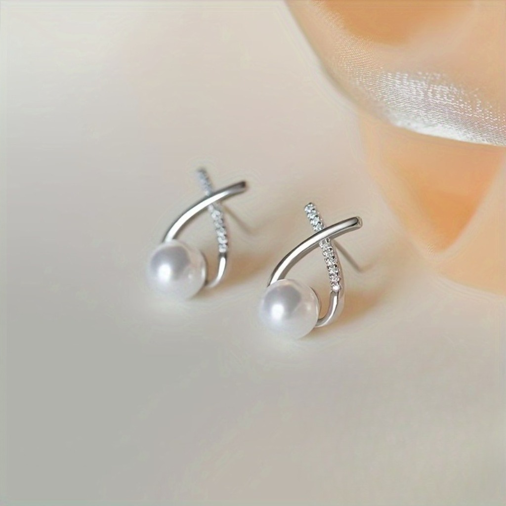 Cross-shaped Zircon Pearl Earrings |Silvery