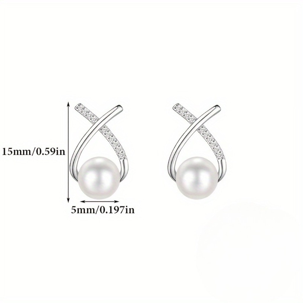 Cross-shaped Zircon Pearl Earrings |Silvery - Image 3
